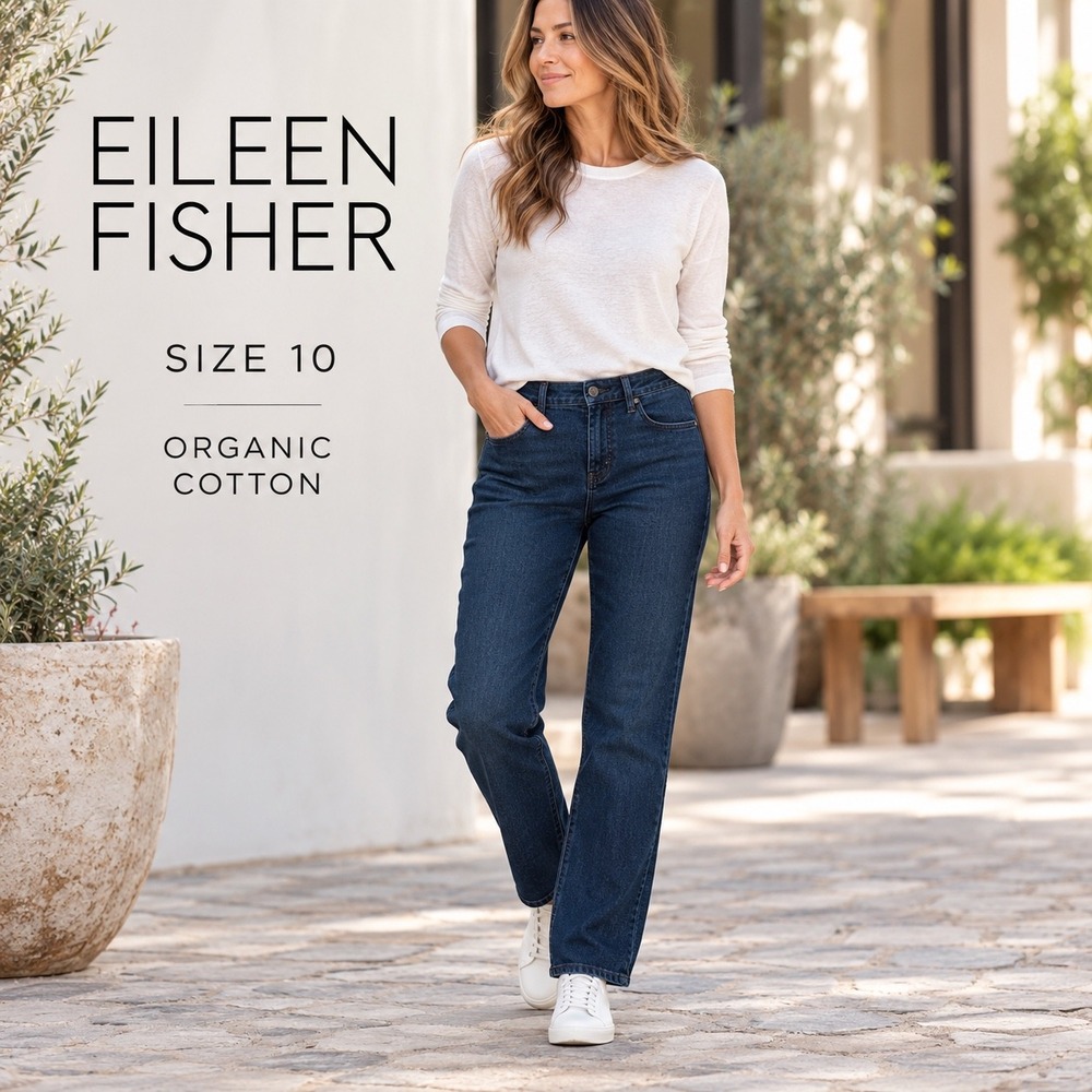 Eileen Fisher Boyfriend Straight Leg Jeans 10 Organic Cotton Dark Wash Stretch